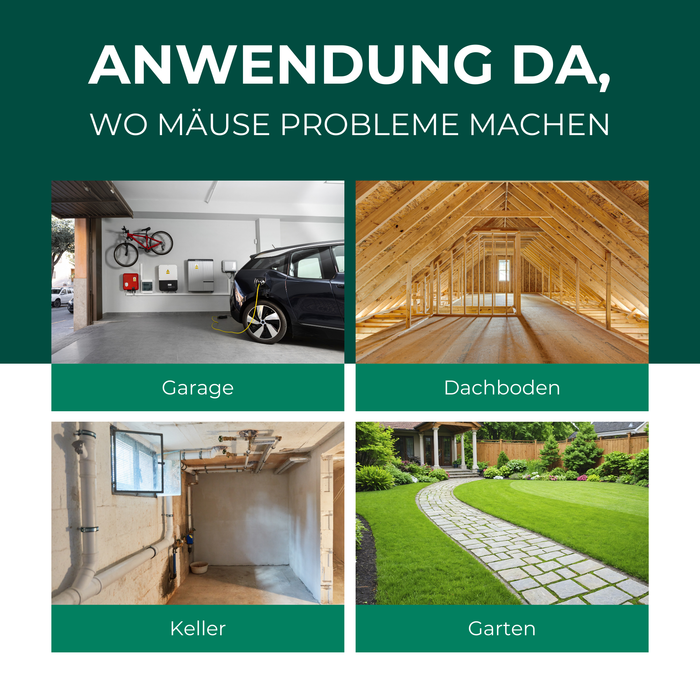 Verschiedene Einsatzorte des Sprays: Garage, Dachboden, Keller und Garten. Bilder illustrieren die jeweiligen Orte.