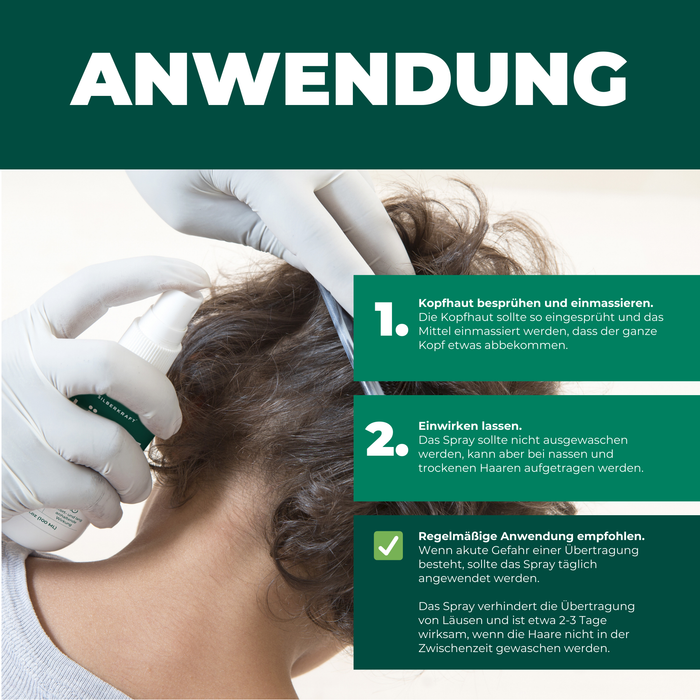 Silberkraft Läuseabwehr Anwendung. Spray wird mit Handschuhen und einem Kamm in die Haare eingepflegt und mit dem Spray besprüht. Rechts sieht man noch die Anwendungsschritte, Leichte Anwendung und einwirken lassen