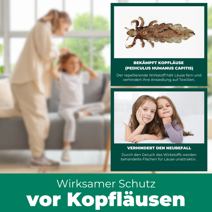 Silberkraft Läuse Spray gegen Kopfläuse. Hintergrundbild: Mutter untersucht die Haare ihres Kindes auf einer Couch. Oben rechts Nahaufnahme einer Kopflaus mit Text 'Bekämpft Kopfläuse (Pediculus humanus capitis)' – Repellierende Wirkung verhindert Ansiedlung auf Textilien. Darunter Bild von zwei lächelnden Kindern mit Text 'Verhindert den Neubefall' – Wirkstoffgeruch macht behandelte Flächen unattraktiv für Läuse. Unten große Schrift: 'Wirksamer Schutz vor Kopfläusen'