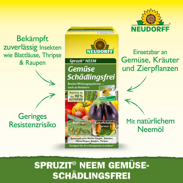 Neudorff Spruzit NEEM GemüseSchädlingsfrei gegen Blattläuse, Kartoffelkäferlarven, Weiße Fliege, Zikaden, Minierfliegen, Raupen, Thripse - Silberkraft