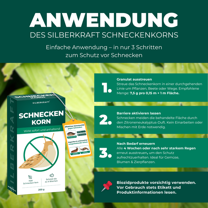 Silberkraft Schneckenkorn Anwendung – einfach in 3 Schritten Schnecken fernhalten: Granulat ausstreuen, Barriere aktivieren lassen, bei Bedarf erneuern.