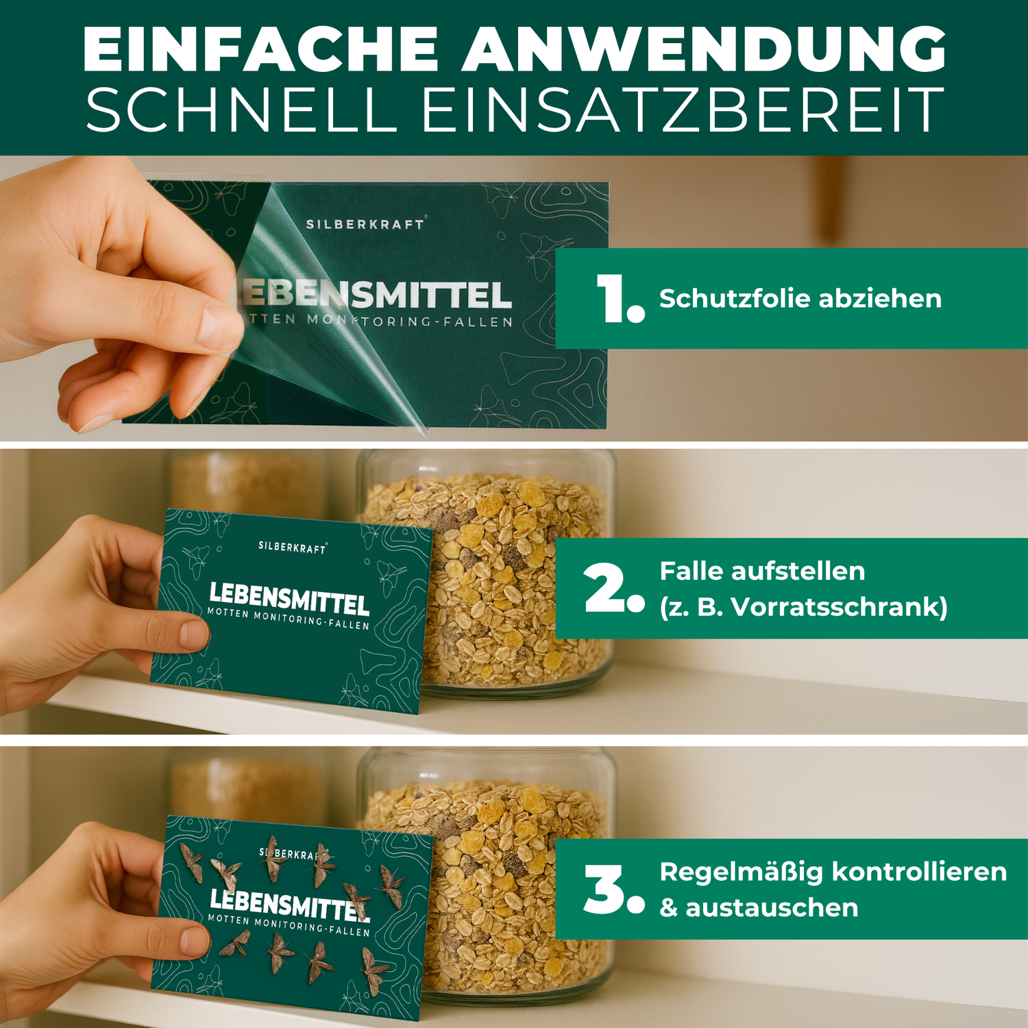 Einfache Anwendung der Silberkraft Lebensmittelmotten Monitoring-Fallen – Folie abziehen, aufstellen, regelmäßig austauschen