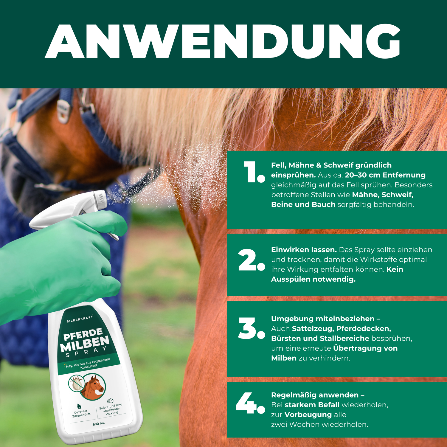 Die Anwendung des Sprays ist einfach. Aufsprühren aus 20 Zentimetern Entfernung, eintrocknen lassen, Umgebung des Pferdes, wie den Stall, besprühen und die Anwenudng alle zwei Wochen wiederholen.