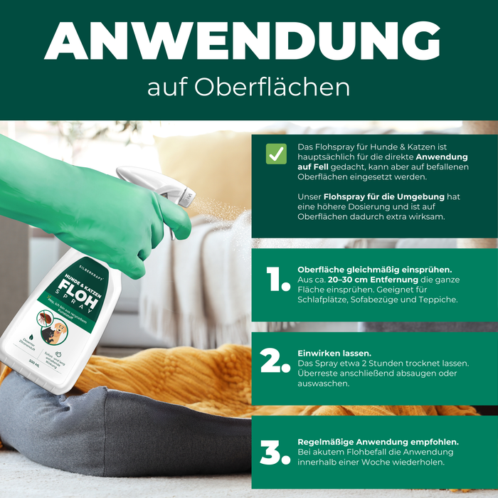 Eine Hand sprüht Silberkraft Flohspray auf das Fell eines Hundes.