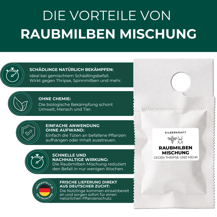 Vorteile der Silberkraft Raubmilben Mischung: chemiefrei, einfach anzuwenden, aus deutscher Zucht