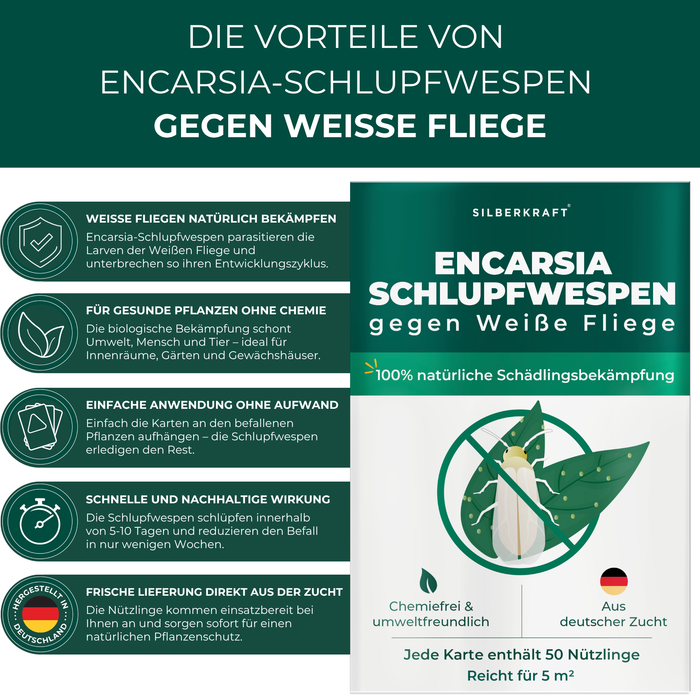 Verpackung des Produktes Schlupfwespen gegen Weiße Fliegen mit der Abbildung einer Weißen Fliege auf einem Blatt.