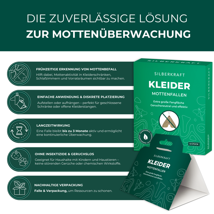 Auflistung der Vorteile der Silberkraft Kleider-Mottenfallen: frühzeitige Motten-Erkennung, einfache Anwendung, 3 Monate Langzeitwirkung, insektenfrei & geruchslos, nachhaltige Verpackung