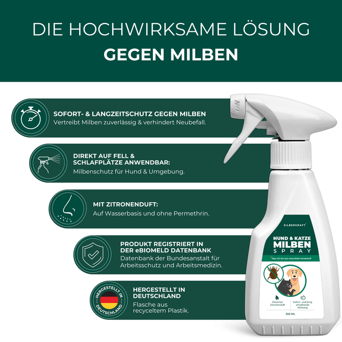 Die hochwirksame Lösung gegen Milben: Ein Milbenspray für Hunde und Katzen mit Sofort- und Langzeitschutz. Direkt auf Fell und Schlafplätze anwendbar. Enthält Zitronenduft, ist auf Wasserbasis und frei von Permethrin. Registriert in der eBioMeld-Datenbank der Bundesanstalt für Arbeitsschutz und Arbeitsmedizin. Hergestellt in Deutschland mit recycelter Plastikflasche.