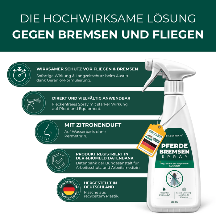 Silberkraft Bremsenspray mit Text, der die hochwirksame Lösung gegen Bremsen und Fliegen hervorhebt.