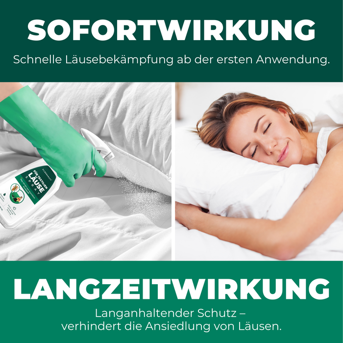 Silberkraft Läuse Spray mit Sofort- und Langzeitwirkung. Oben steht 'SOFORTWIRKUNG' mit Untertitel 'Schnelle Läusebekämpfung ab der ersten Anwendung'. Links im Bild sprüht eine Hand mit grünem Handschuh das Spray auf eine weiße Matratze. Rechts eine Frau, die entspannt schläft. Unten steht 'LANGZEITWIRKUNG' mit Untertitel 'Langanhaltender Schutz – verhindert die Ansiedlung von Läusen'.