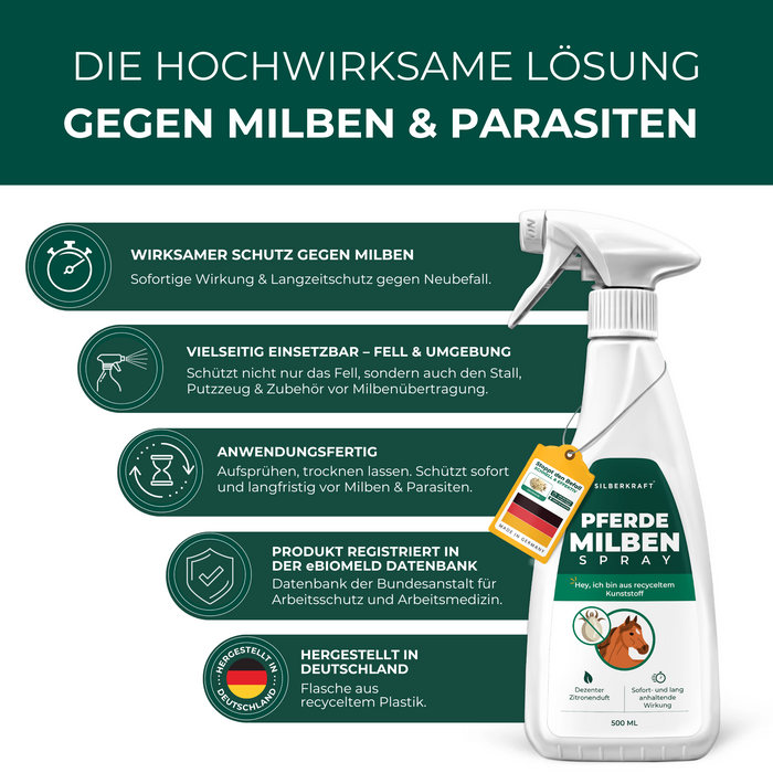 Das Silberkraft Pferde Milbenspray bietet wirksamen Schutz vor Milben, kann vielseitig eingesetzt werden, schützt sofort und langfristig, ist offiziell registiert und in Deutschland hergestellt. 