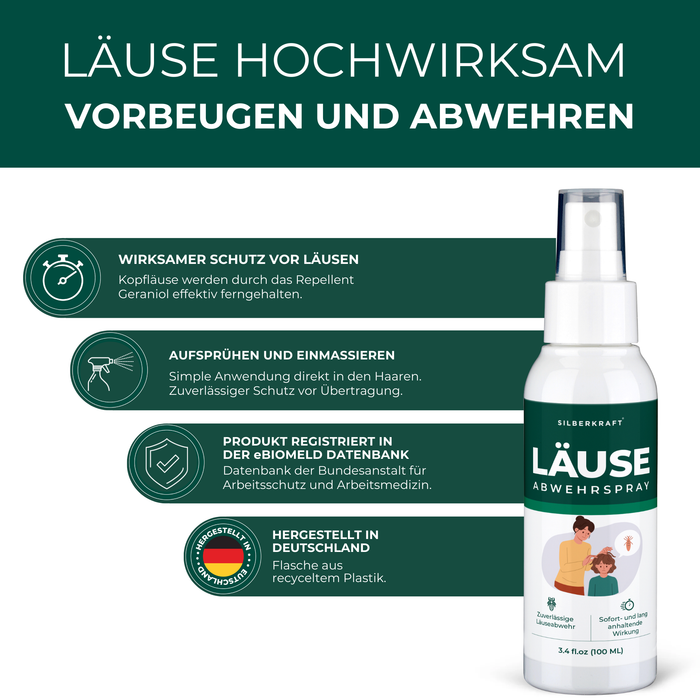 Läuseabwehrspray Läuse Hochwirksam vorbeugen und abwehren. Einfache Anwendung und hergestellt in Deutschland