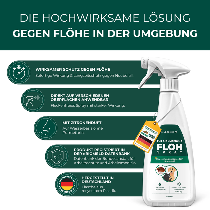 Silberkraft Flohspray für die Umgebung – hochwirksames Anti-Floh-Spray mit sofortigem Schutz und Langzeitwirkung gegen Neubefall. Fleckenfreie Anwendung auf verschiedenen Oberflächen. Wasserbasierte Formel ohne Permethrin mit dezentem Zitronenduft. Registriert in der eBiomelD-Datenbank der Bundesanstalt für Arbeitsschutz und Arbeitsmedizin. Nachhaltige Verpackung aus recyceltem Plastik. Made in Germany.