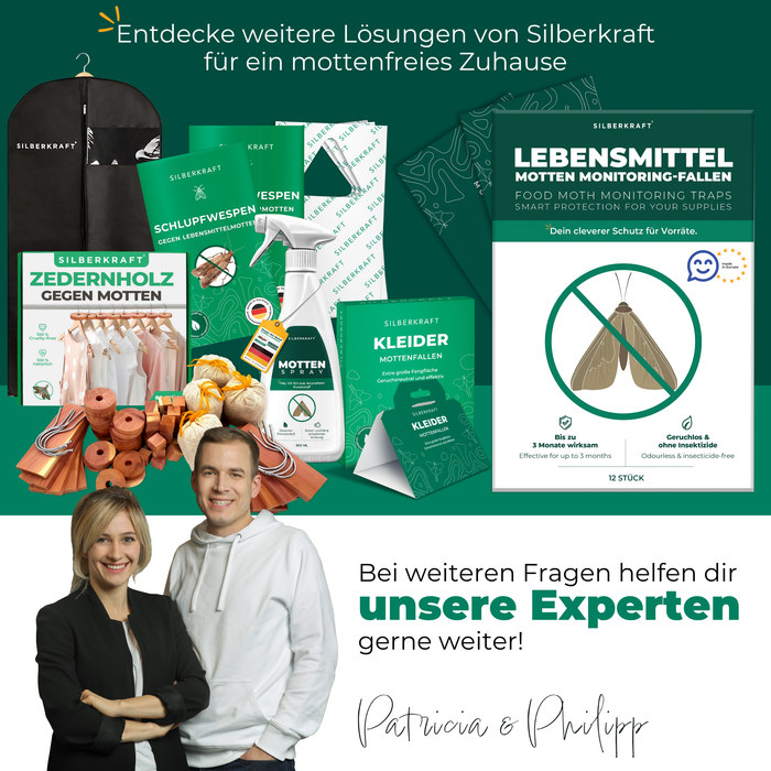 Silberkraft Mottenbekämpfung Sortiment mit Monitoring-Fallen, Zedernholz, Spray, Schlupfwespen – Expertenberatung inklusive