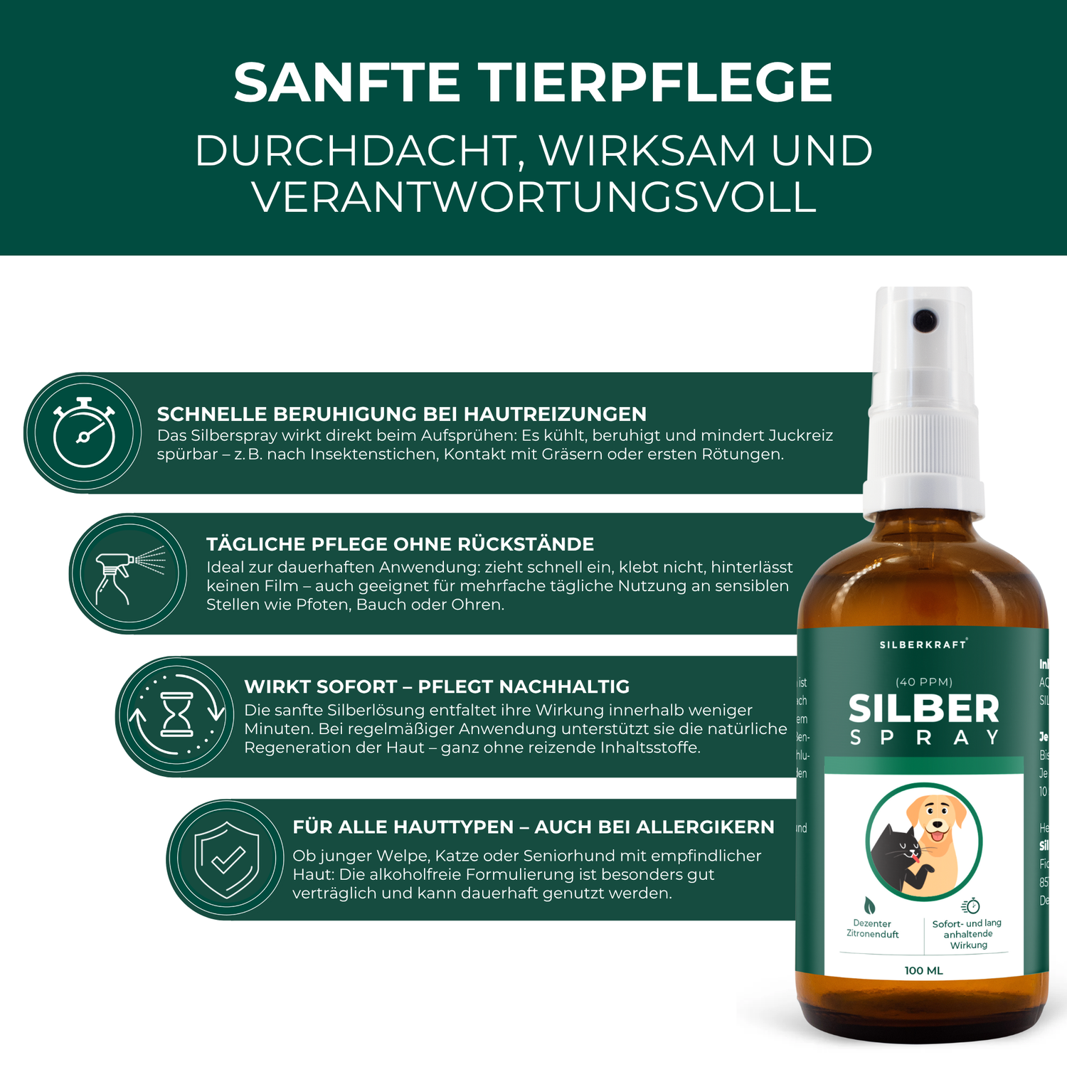 Kolloidales Silberspray 100 ml - Spray zur Wundheilung - Hautpflege bei Ungezieferbefall, Juckreiz, Infektionen, Entzündungen - für Hunde, Katzen, Nagetiere und andere Haustiere