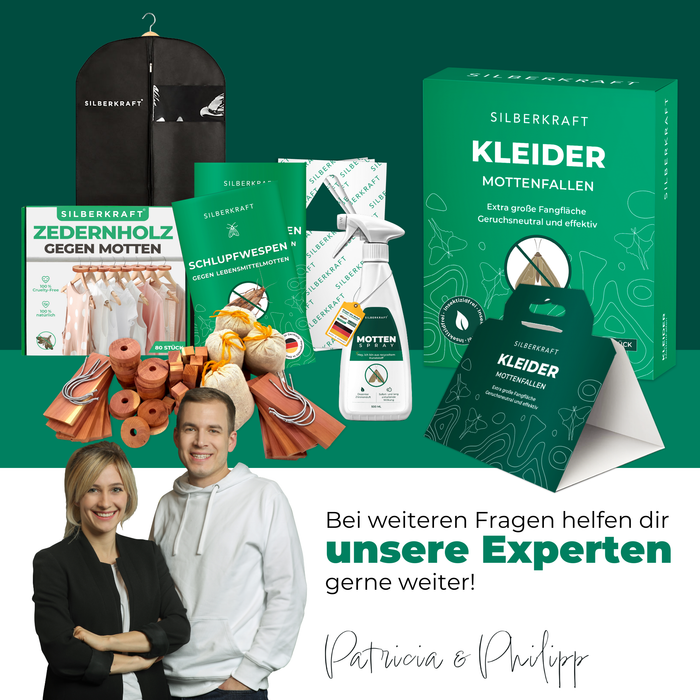 Silberkraft Kleider-Mottenfallen mit ergänzenden Produkten zur Mottenbekämpfung wie Zedernholz, Schlupfwespen und Mottenspray. Zwei Experten, Patricia & Philipp, bieten Beratung.