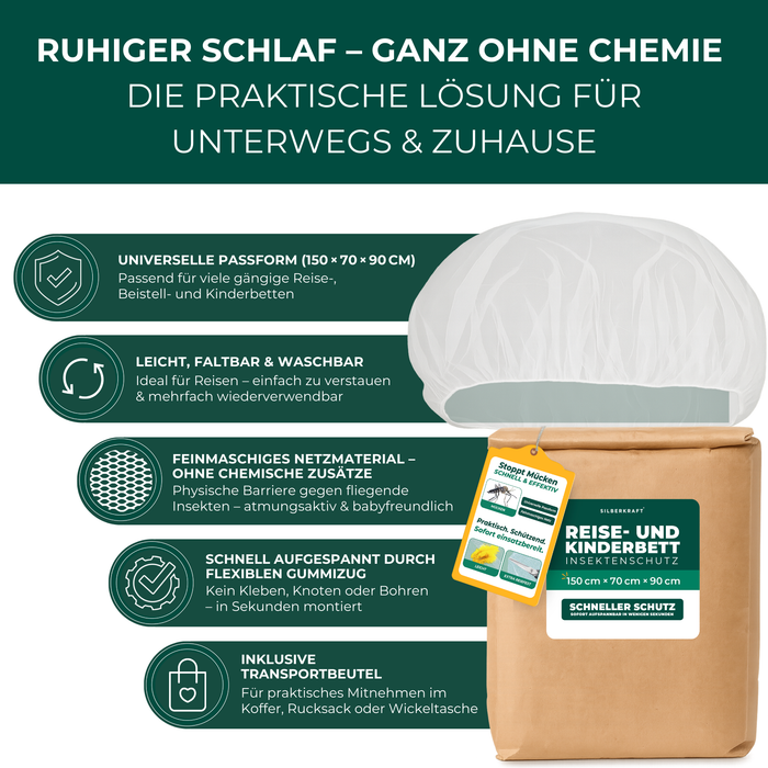Insektenschutz für Reise- und Kinderbett – Mückennetz 150×70×90 cm – Faltbar & atmungsaktiv – Für Babyreisebett & Beistellbett – Inkl. Transportbeutel