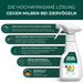 Hochwirksame Lösung gegen Milben bei Ziervögeln: Produktbeschreibung eines Vögel-Milben-Sprays. Enthält kein Nervengift, wirkt mit Eukalyptusöl gegen rote Vogelmilben, Federlinge und andere Parasiten. Anwendung direkt auf das Gefieder, Sitzstangen und Nester. Registriert in der eBioMeld-Datenbank der Bundesanstalt für Arbeitsschutz und hergestellt in Deutschland. Abgebildet: Sprühflasche mit grün-weißem Etikett für Milbenabwehr bei Ziervögeln.