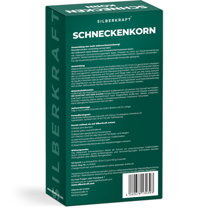 Silberkraft Schneckenkorn 200g – detaillierte Anwendungshinweise, Dosierung und Sicherheitshinweise. Regenfestes Schneckenschutz-Granulat für Beete, Wege und Pflanzen.