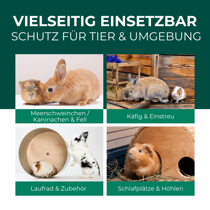 Silberkraft Milbenspray – vielseitig einsetzbar für Tier und Umgebung. Effektiver Schutz gegen Milben für Meerschweinchen, Kaninchen und deren Fell, Käfige und Einstreu, Laufräder und Zubehör sowie Schlafplätze und Höhlen. Ideal zur umfassenden Milbenbekämpfung und Prävention