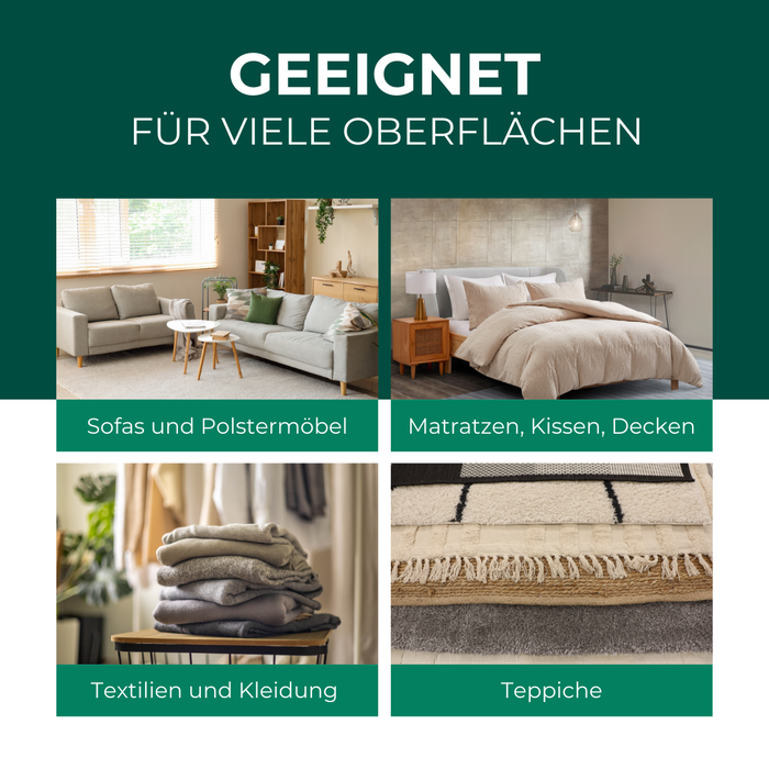 Milben Spray für vielseitige Oberflächen: Vier Bilder zeigen geeignete Einsatzbereiche. Links oben: Sofa mit Polstermöbeln. Rechts oben: Bett mit Kissen und Decken. Links unten: Gefaltete Textilien und Kleidung. Rechts unten: Verschiedene Teppiche. Überschrift: 'Geeignet für viele Oberflächen