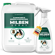 Silberkraft Kaninchen & Meerschweinchen Milbenspray – effektives Milbenspray mit angenehmem Zitronenduft und langanhaltender Wirkung. Erhältlich als 500-ml-Sprühflasche und 2-Liter-Nachfüllkanister. Nachhaltige Verpackung aus recyceltem Kunststoff. Ideal zur Milbenbekämpfung und Prävention bei Nagetieren und in ihrer Umgebung