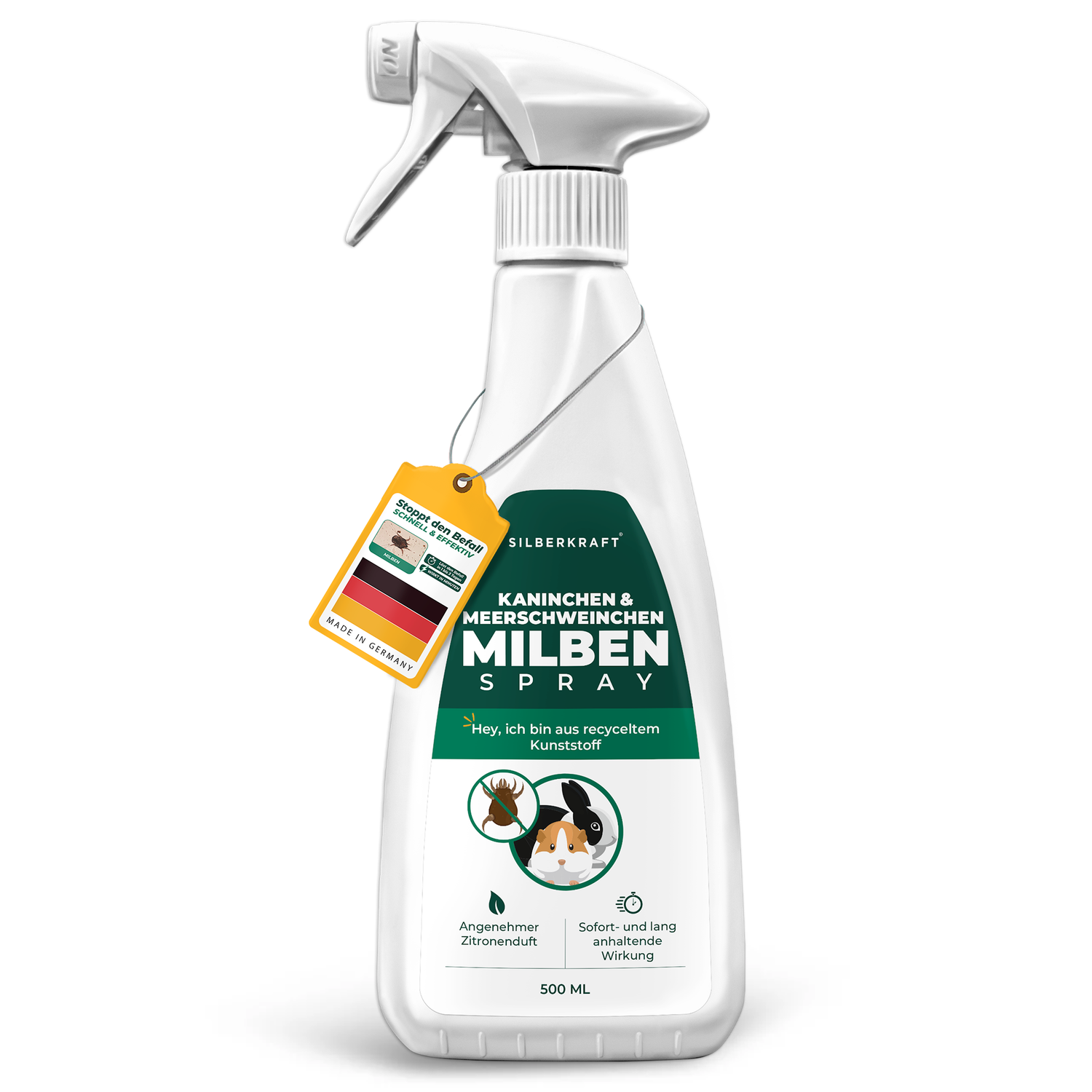 Silberkraft Milbenspray für Kaninchen & Meerschweinchen – effektives Spray gegen Milben mit angenehmem Zitronenduft. Sofortige und langanhaltende Wirkung. Verpackung aus recyceltem Kunststoff, nachhaltig und umweltfreundlich. Made in Germany. Ideal für die Umgebung von Kleintieren zur Bekämpfung von Milbenbefall.