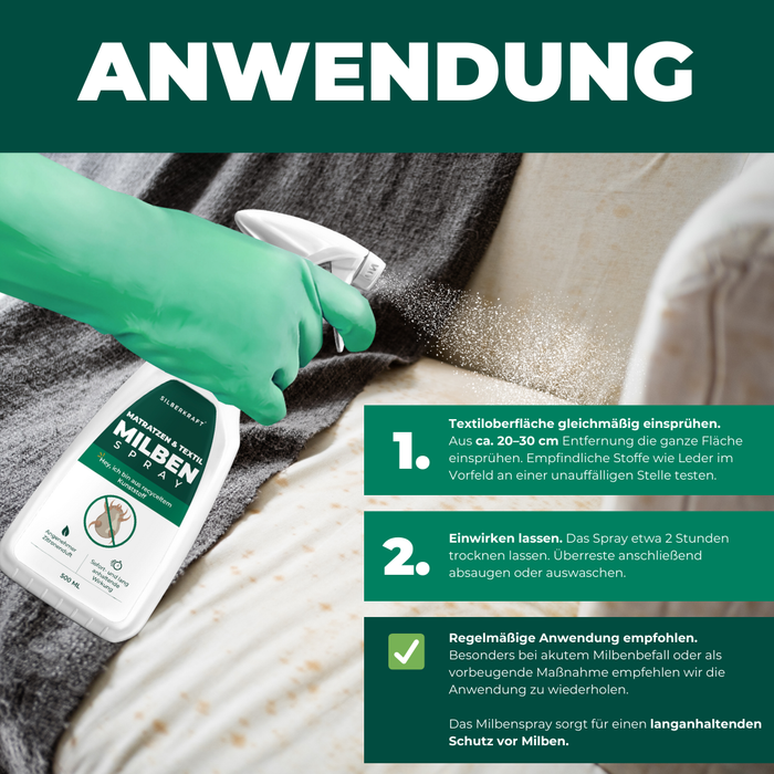 Anwendungsanleitung für Silberkraft Milben Spray: Eine Hand mit grünem Handschuh sprüht das Mittel auf eine Matratze. Anleitung in drei Schritten: 1. Gleichmäßig aus 20–30 cm Entfernung auftragen. 2. 2 Stunden einwirken lassen, dann absaugen oder auswaschen. 3. Regelmäßig anwenden für langanhaltenden Schutz vor Milben