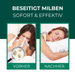 Oben steht der Text 'BESEITIGT MILBEN – SOFORT & EFFEKTIV'. Darunter sind zwei Bilder: Links eine Frau, die im Bett sitzt, ein Taschentuch vor die Nase hält und offensichtlich unter Allergiebeschwerden leidet, mit einer Lupe, die Milben auf der Bettdecke zeigt. Unter diesem Bild steht 'VORHER'. Rechts eine Frau, die entspannt und lächelnd auf einem weißen Kissen schläft. Unter diesem Bild steht 'NACHHER