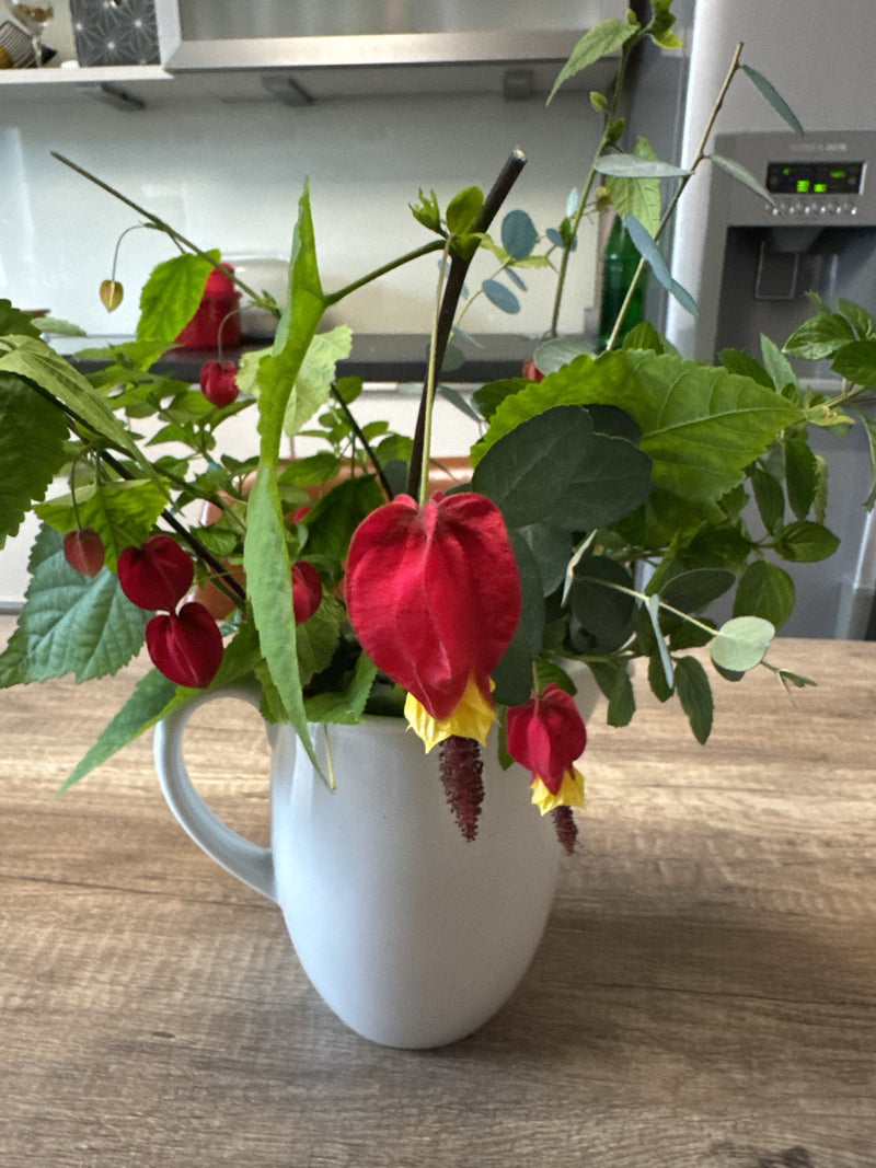 Zweige einer Schönmalve mit hängenden, rot-gelben Blüten stehen in einer weißen Kanne auf einem Holztisch.