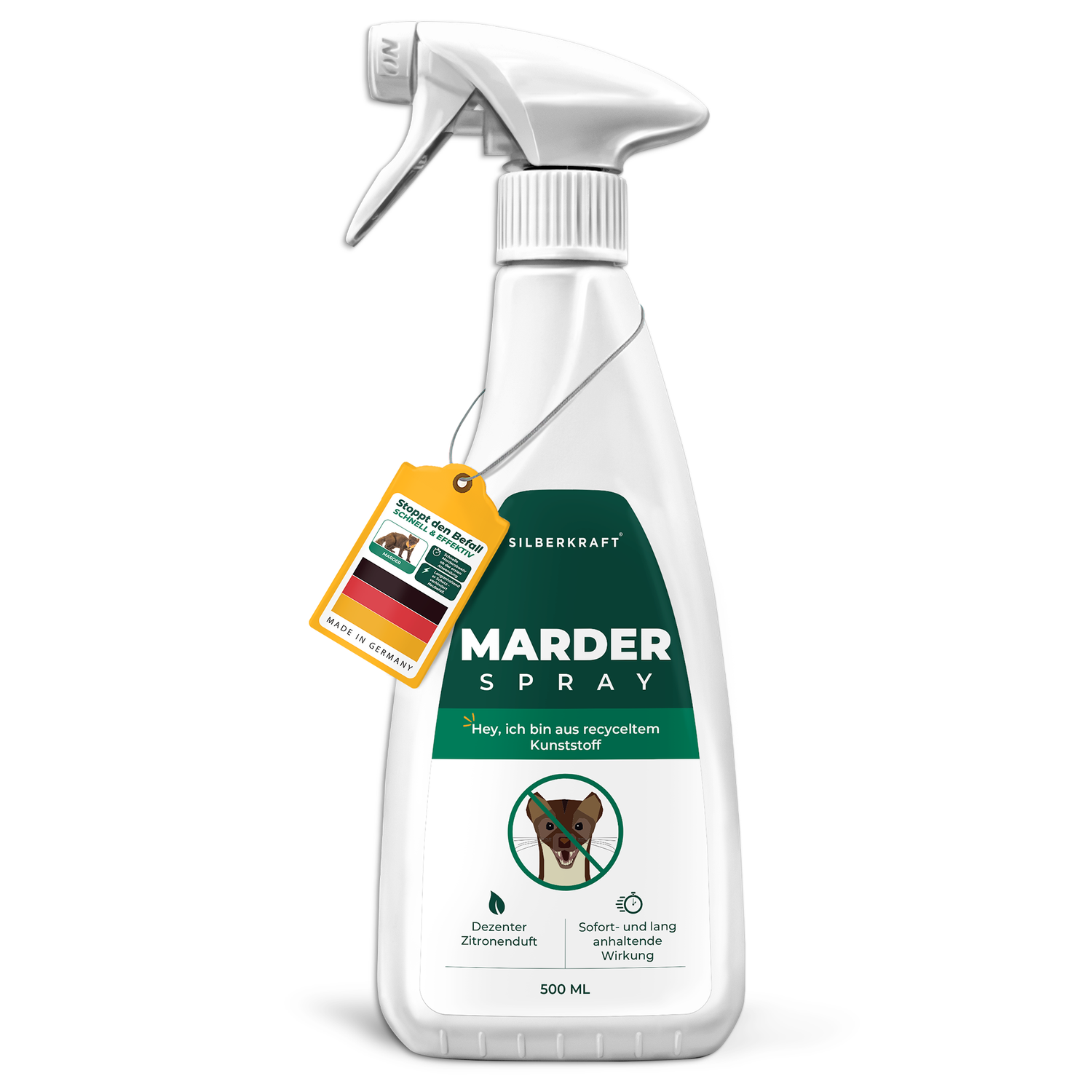 Silberkraft Marderspray 500ml – Hochwirksames Anti-Marder-Spray mit Sofort- und Langzeitschutz. Ideal für Auto, Dachboden, Garage und Garten. Dezenter Zitronenduf