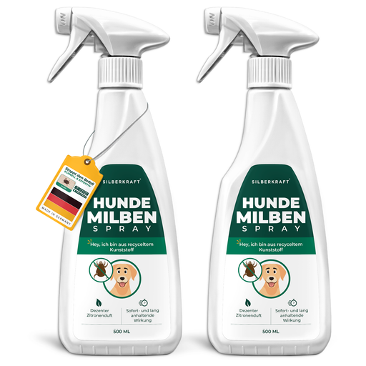 Silberkraft Hunde Milbenspray –2 x  500 ml Sprayflasche zur Milbenabwehr für Hunde, mit Zitronenduft und langanhaltender Wirkung. Hergestellt in Deutschland, Flasche aus recyceltem Kunststoff.