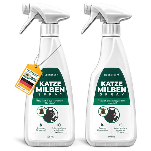Mehrere Ansichten der Silberkraft Milbenspray-Flasche, um das Produkt aus verschiedenen Perspektiven zu zeigen.