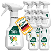 Zwölferpack Silberkraft Vögel Milben Spray – zwei 250-ml-Sprühflaschen zur Milbenabwehr bei Ziervögeln. Produktetikett zeigt eine rote Vogelmilbe und einen Wellensittich. Anhänger mit der Aufschrift 'Stoppt den Befall – Schnell & effektiv' sowie 'Made in Germany' mit deutscher Flagge. Enthält Zitroneneukalyptus für sofortige und langanhaltende Wirkung