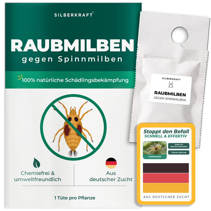 Silberkraft Raubmilben gegen Spinnmilben – Verpackung mit Tüte und Nützlingen aus deutscher Zucht