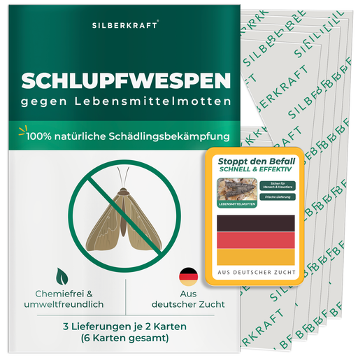 Produktverpackung von Silberkraft Schlupfwespen gegen Lebensmittelmotten mit durchgestrichener Motte