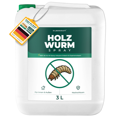 3-Liter-Kanister Silberkraft Holzwurmspray neben dem umfassenden eBook-Ratgeber gegen Holzwürmer.