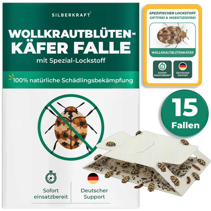Silberkraft 15 x Kornkäferfalle mit integriertem Spezial-Lockstoff – biozidfreie Klebefalle zur Bekämpfung von Kornkäfern und Vorratsschädlingen im Haushalt