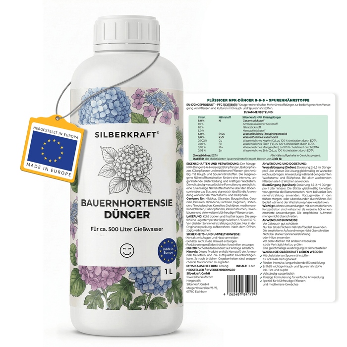 Bauernhortensiendünger – Mineralischer NPK Flüssigdünger mit Stickstoff – Dünger für Bauernhortensien – Blütenhortensien-Dünger - Silberkraft