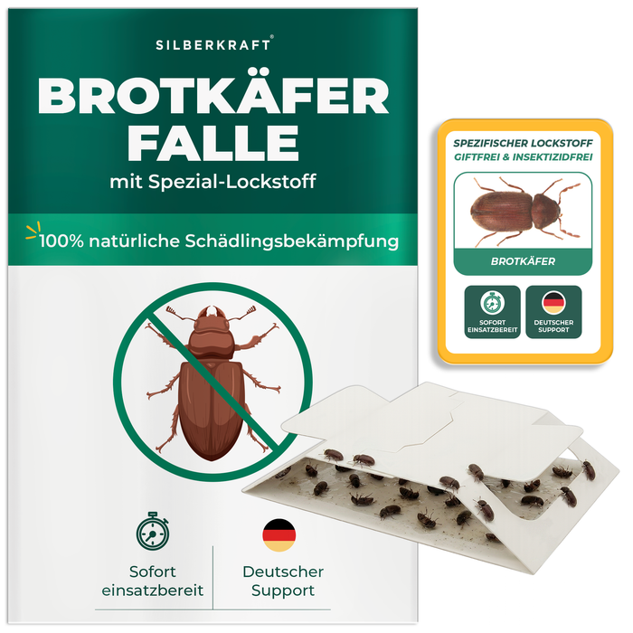 Silberkraft Brotkäferfalle mit integriertem Spezial-Lockstoff als bi­ozidfreie Klebefalle zur Bekämpfung von Brotkäfern und Vorratsschädlingen im Haushalt