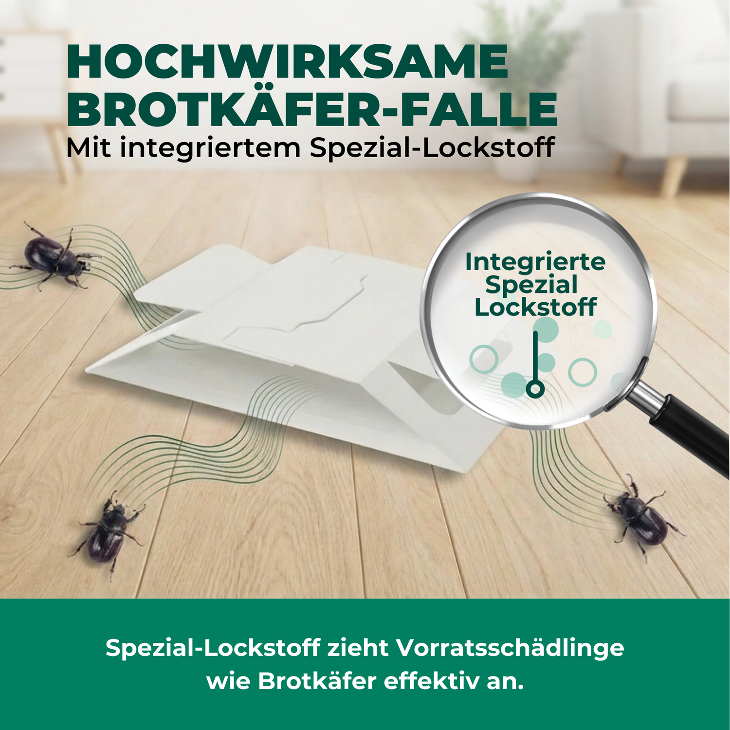 Detailansicht der Silberkraft Brotkäferfalle mit integriertem Spezial-Lockstoff zur gezielten Anlockung von Brotkäfern und Vorratsschädlingen