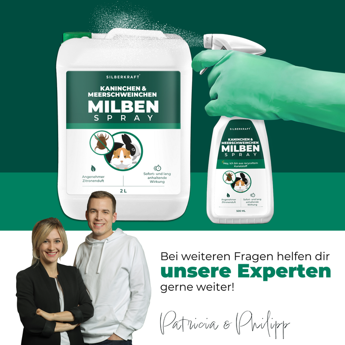 Silberkraft Kaninchen & Meerschweinchen Milbenspray – effektive Milbenbekämpfung mit Sofort- und Langzeitwirkung. Produkt in 500-ml-Sprühflasche und 2-Liter-Nachfüllkanister erhältlich. Wasserbasierte Formel mit angenehmem Zitronenduft. Experten Patricia & Philipp stehen für Fragen zur Verfügung.