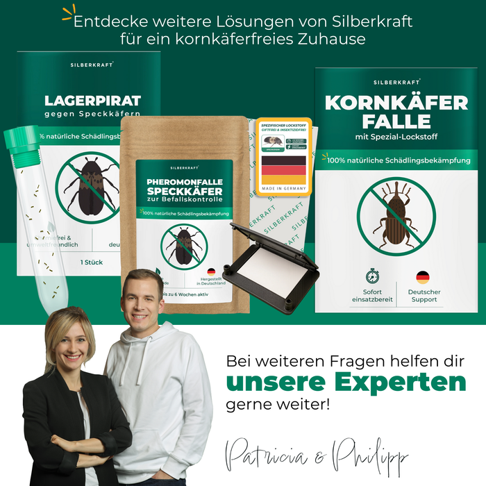 Silberkraft Produktübersicht mit Kornkäferfalle, Pheromonfalle und Lagerpirat – effektive, biozidfreie Lösungen gegen Kornkäfer, Speckkäfer und Vorratsschädlinge im Haushalt und Lager