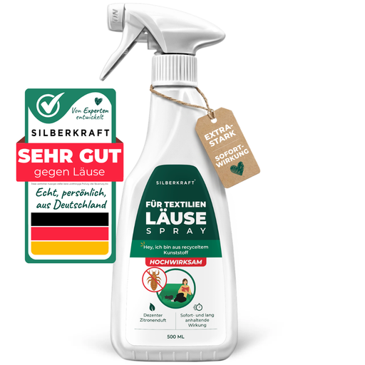 Silberkraft Läusespray für Textilien, 500 ml Sprühflasche mit grün-weißem Etikett, Gütesiegel „Sehr gut gegen Läuse“ und Anhänger „Extra Stark Sofortwirkung“ – hochwirksames Mittel mit dezentem Zitronenduft, hergestellt in Deutschland