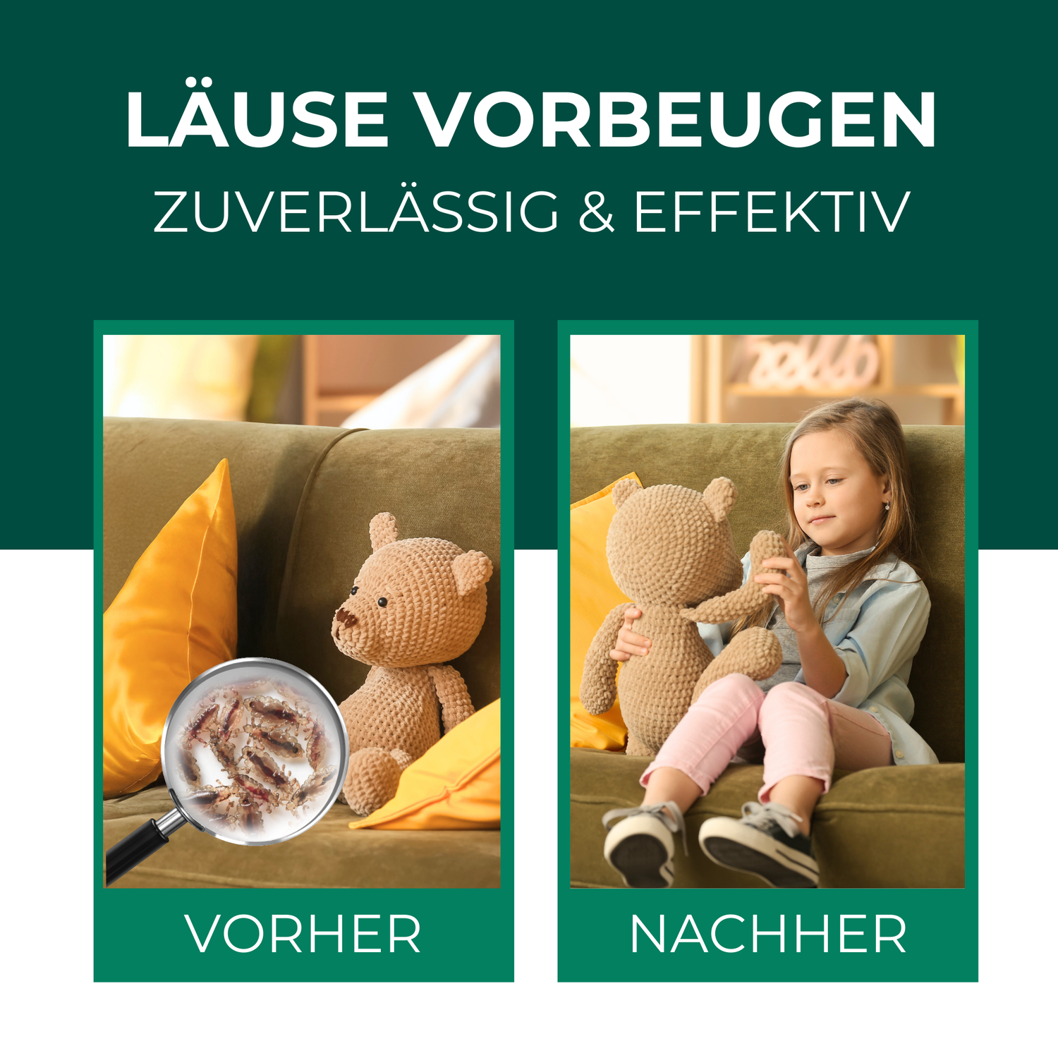 Vorher-Nachher-Vergleich zur Läusevorbeugung: Links ein Kuscheltier mit Läusebefall, vergrößert durch eine Lupe. Rechts ein Kind, das entspannt mit dem lausefreien Kuscheltier spielt. Text betont 'Läuse vorbeugen – zuverlässig und effektiv' als Wirkung des Silberkraft Läusesprays für Textilien