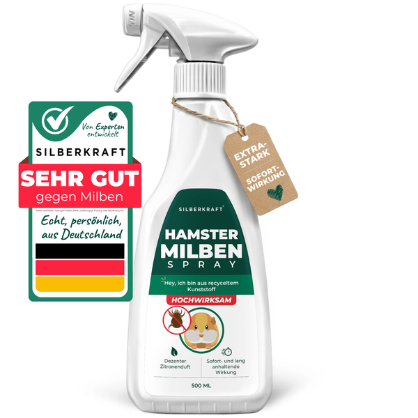 Silberkraft Milbenspray für Hamster, 500 ml Sprühflasche mit grün-weißem Etikett, Gütesiegel „Sehr gut gegen Milben“ und Anhänger „Extra Stark Sofortwirkung“ – hochwirksames Mittel mit dezentem Zitronenduft, hergestellt in Deutschland