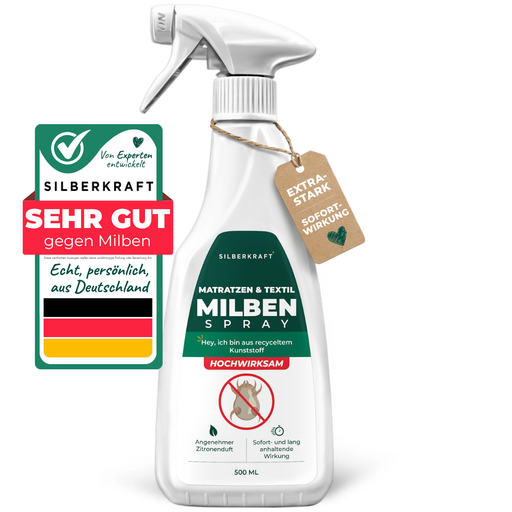 Silberkraft Milbenspray für Matratzen und Textilien, 500 ml Sprühflasche mit grün-weißem Etikett, Gütesiegel „Sehr gut gegen Milben“ und Anhänger „Extra Stark Sofortwirkung“ – hochwirksames Mittel mit angenehmem Zitronenduft, hergestellt in Deutschland