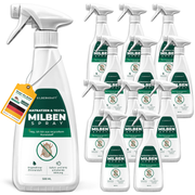 Silberkraft Matratzen & Textil Milben Spray in 12 x 500ml Flaschen. Weiß-grünes Design mit Milben-Symbol und durchgestrichener Milbe. Beschriftung: 'Dezenter Zitronenduft' und 'Sofort- und langanhaltende Wirkung'. An der Flasche hängt ein gelbes Etikett mit Deutschlandflagge und Text 'Made in Germany' sowie 'Stoppt den Befall – schnell & effektiv