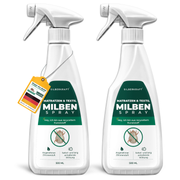 Silberkraft Matratzen & Textil Milben Spray in 2 x 500ml Flaschen. Weiß-grünes Design mit Milben-Symbol und durchgestrichener Milbe. Beschriftung: 'Dezenter Zitronenduft' und 'Sofort- und langanhaltende Wirkung'. An der Flasche hängt ein gelbes Etikett mit Deutschlandflagge und Text 'Made in Germany' sowie 'Stoppt den Befall – schnell & effektiv