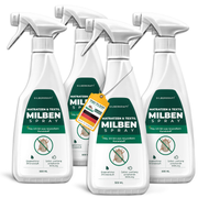 Silberkraft Matratzen & Textil Milben Spray in 4 x 500ml Flaschen. Weiß-grünes Design mit Milben-Symbol und durchgestrichener Milbe. Beschriftung: 'Dezenter Zitronenduft' und 'Sofort- und langanhaltende Wirkung'. An der Flasche hängt ein gelbes Etikett mit Deutschlandflagge und Text 'Made in Germany' sowie 'Stoppt den Befall – schnell & effektiv